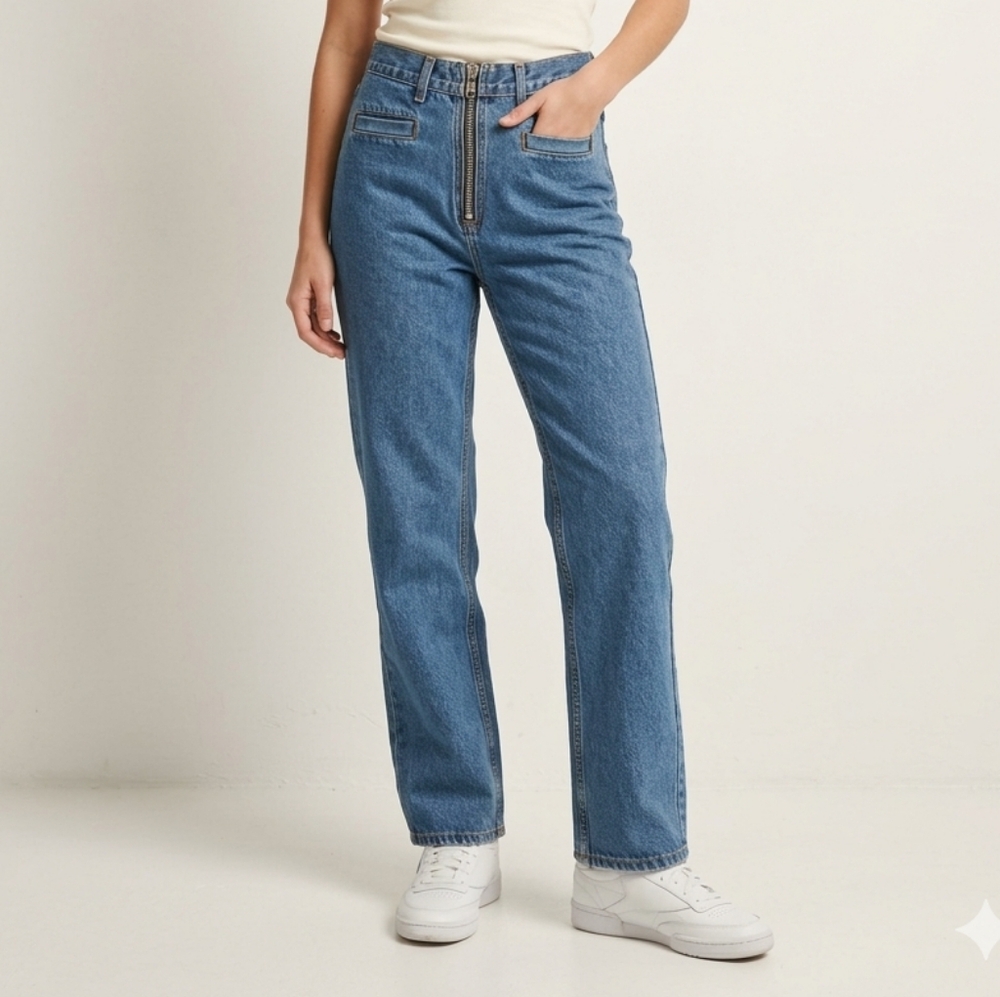 X-MANAGER Vintage High Rise Exposed Zipper Straight Leg Jeans Blue Denim Size 30
